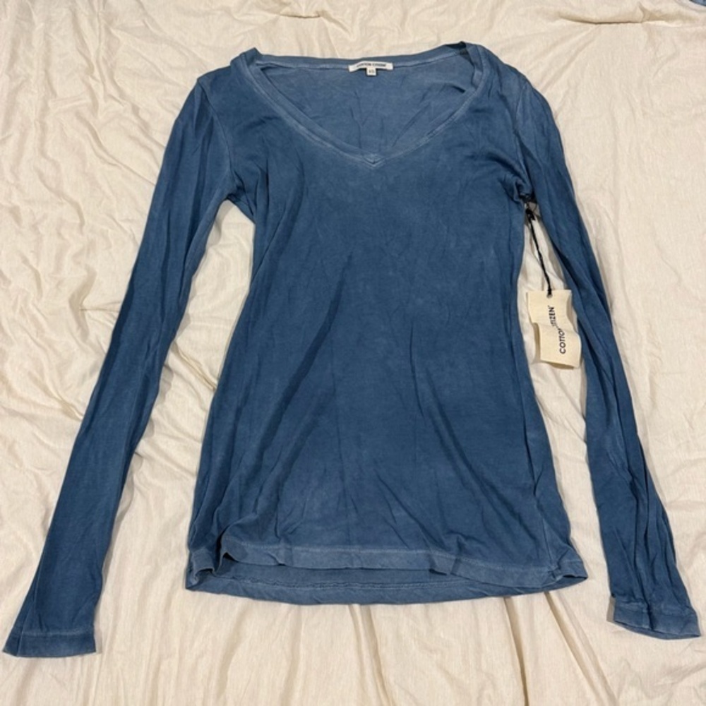 Cotton Citizen Fitted V‑Neck Long Sleeve Shirt • Blue • Size XS • NWT